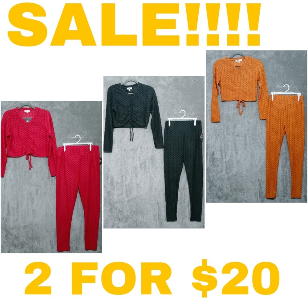 2 Piece Textured Women's Cropped Shirts And Leggings Set - Red, Black, Orange